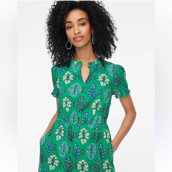 J. Crew Factory floral Printed ruffleneck puff-sleeve cotton midi dress size 2 - Picture 3 of 12